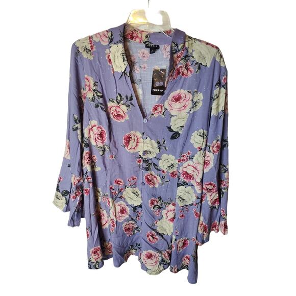 torrid Tops - Torrid Fit And Flare Rayon Slub Button-Front Top, Romantic Roses, NWT, 3X